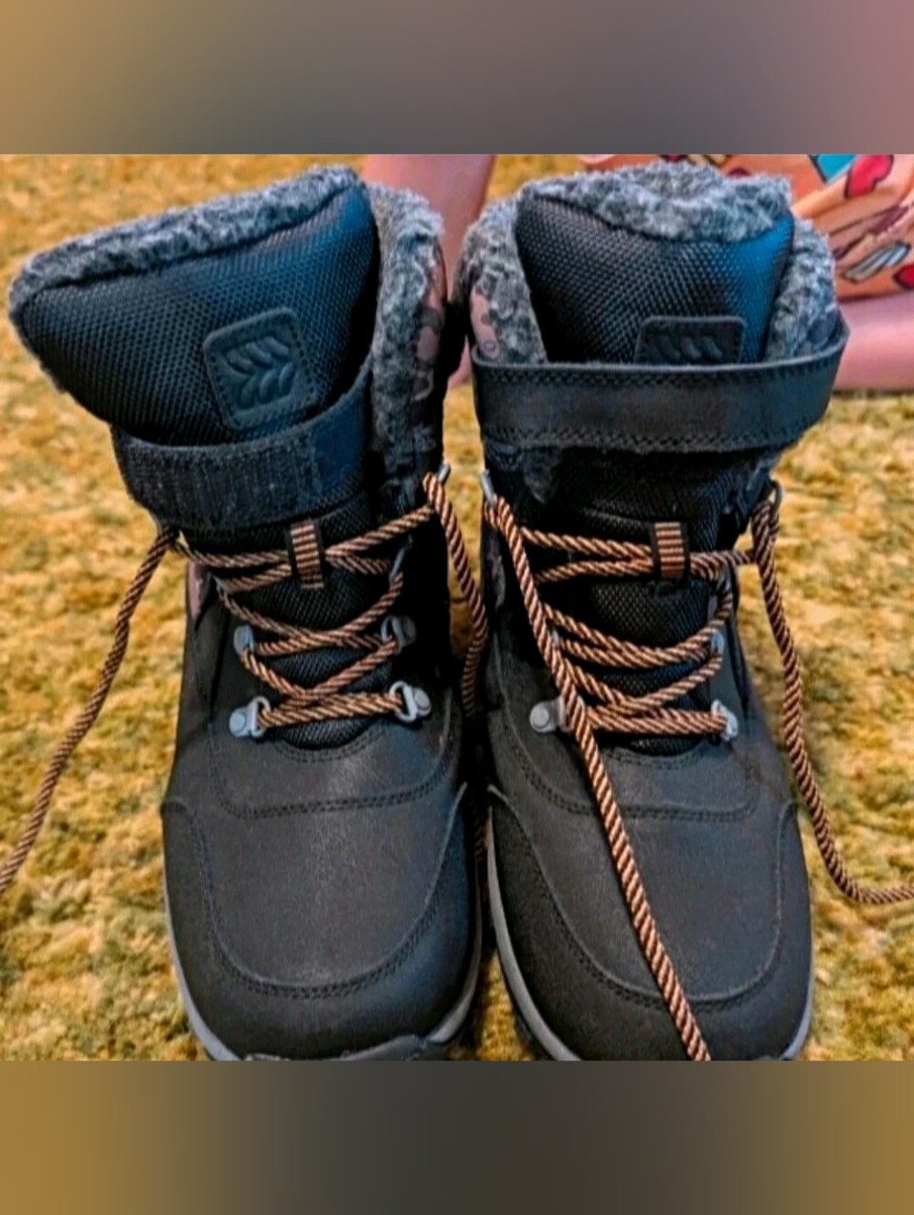 Kids Black Faux-Fur Lined Winter Boots with Contrast Laces